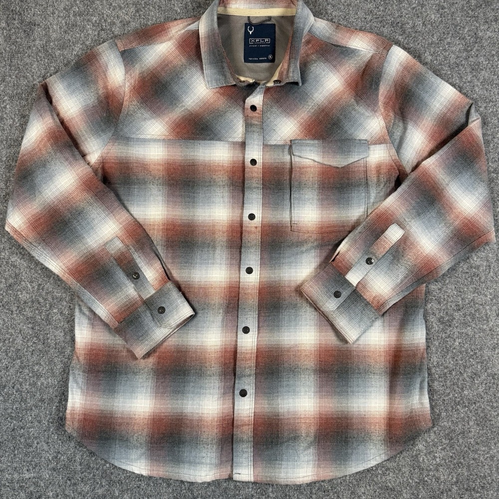 🌲 Jeremiah XPLR Flannel Shirt Mens XL Long Sleeve Plaid Shadow Plaid Rust Gray
